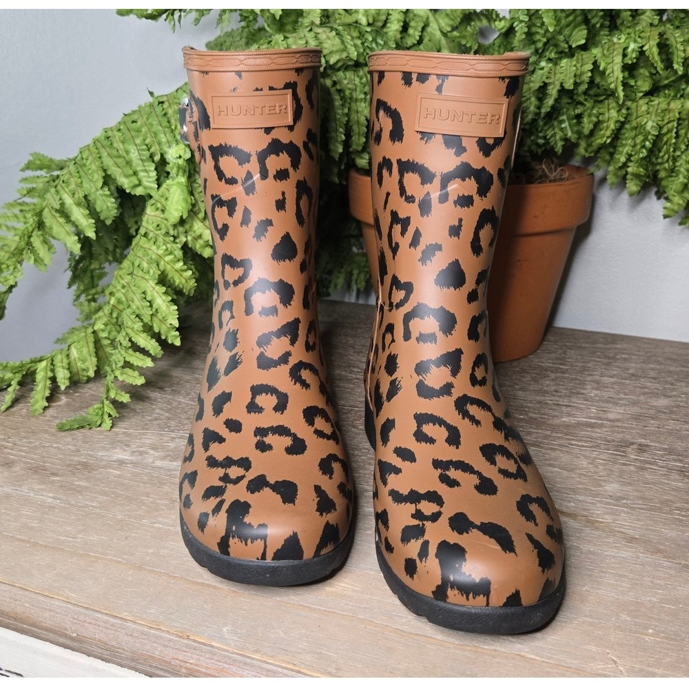 Hunter Original Short Leopard Print Rain Boots Brown Black Women's US 6 - Picture 2 of 9